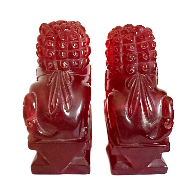 Pair of Vintage Chinese Cherry Amber Foo Dogs Temple Fu Lions Figurines For Sale - Image 4 of 8