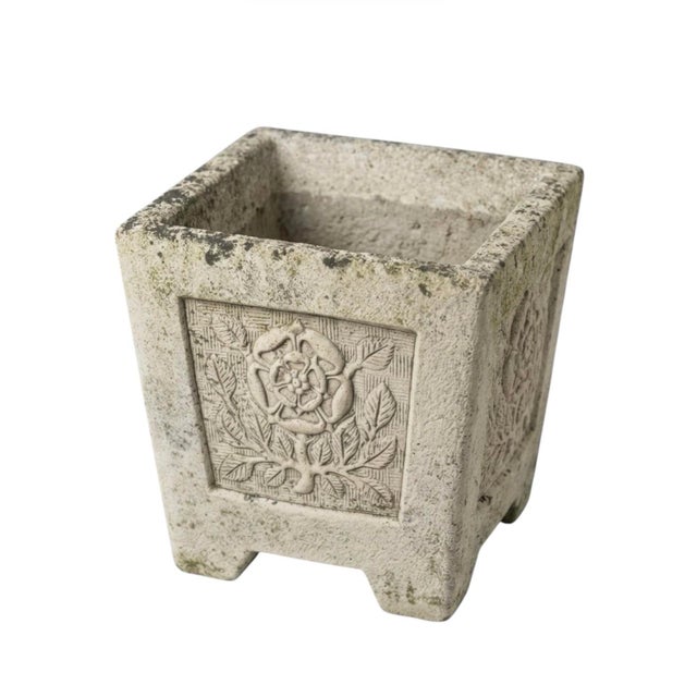 This exquisite pair of square tapered planters is crafted from hand-cast stone, featuring a beautifully weathered patina...