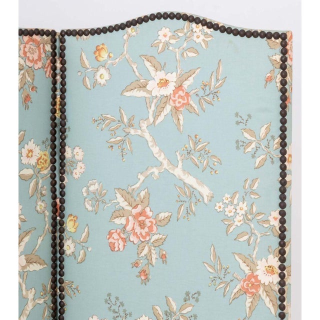 Floral Print Upholstered Three-Panel Floor Screen, with riveted trim. 60" H x 21" W x 1" D. Provenance: From a Connecticut...