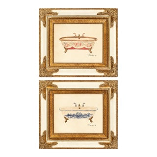 Pair of Vintage Consuelo Gamboa Bath Display Framed Canvas Prints in Ornate Antiqued Gold Frames| French Country Bathroom Wall Art For Sale