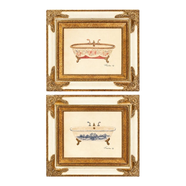 Pair of Vintage Consuelo Gamboa Bath Display Framed Canvas Prints in Ornate Antiqued Gold Frames| French Country Bathroom Wall Art For Sale
