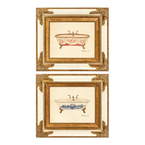 Pair of Vintage Consuelo Gamboa Bath Display Framed Canvas Prints in Ornate Antiqued Gold Frames| French Country Bathroom Wall Art