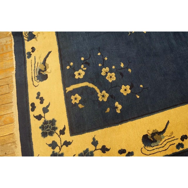 1930s Navy Blue Floral Deco Antique Chinese Peking Knotted Wool 9' X 11'4" Rug For Sale - Image 9 of 10