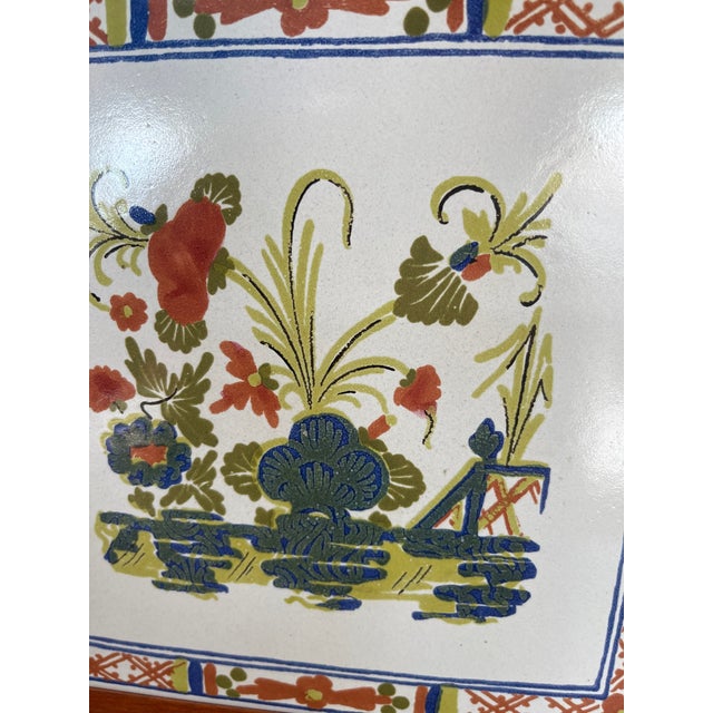 Vintage French Faience Style Ceramic Tile With Hand-Painted Floral Motif in Wood Frame. For Sale In Seattle - Image 6 of 10