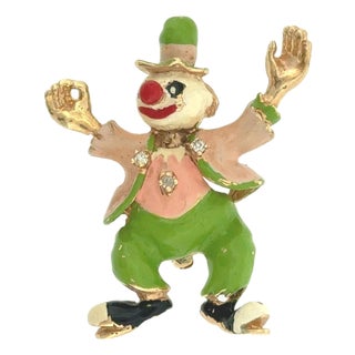 Heavy 14k Yellow Gold Enamel Clown Brooch Pin With Stone Accents - 14.8 Grams For Sale