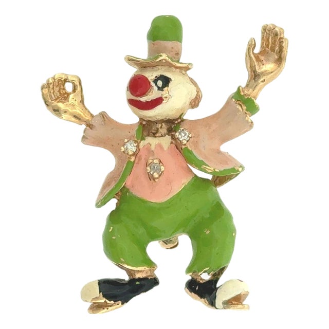 Heavy 14k Yellow Gold Enamel Clown Brooch Pin With Stone Accents - 14.8 Grams For Sale