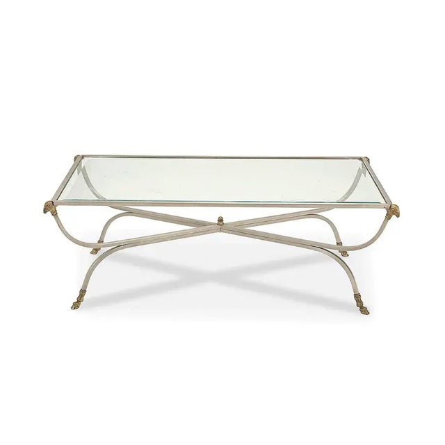 Maison Jansen Brushed Steel & Brass Rams Head & Hoof Foot Coffee Cocktail Table.