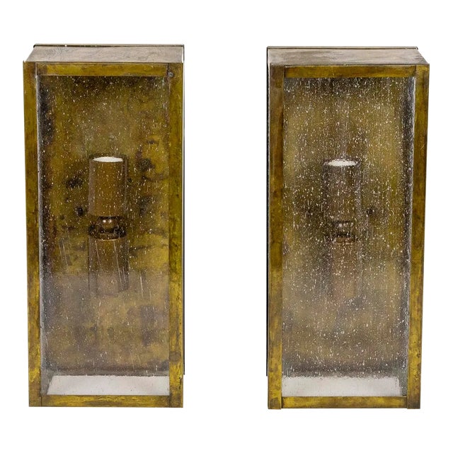 Mid 20th Century Patinated Brass Rectangle Box Sconces With Seeded Glass - a Pair For Sale