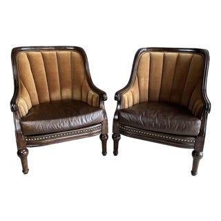 Late 20th Century Fabulous Pair of Leather and Velvet Channel Back Library Club Chairs For Sale