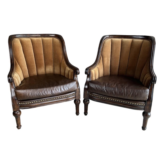 Late 20th Century Fabulous Pair of Leather and Velvet Channel Back Library Club Chairs For Sale