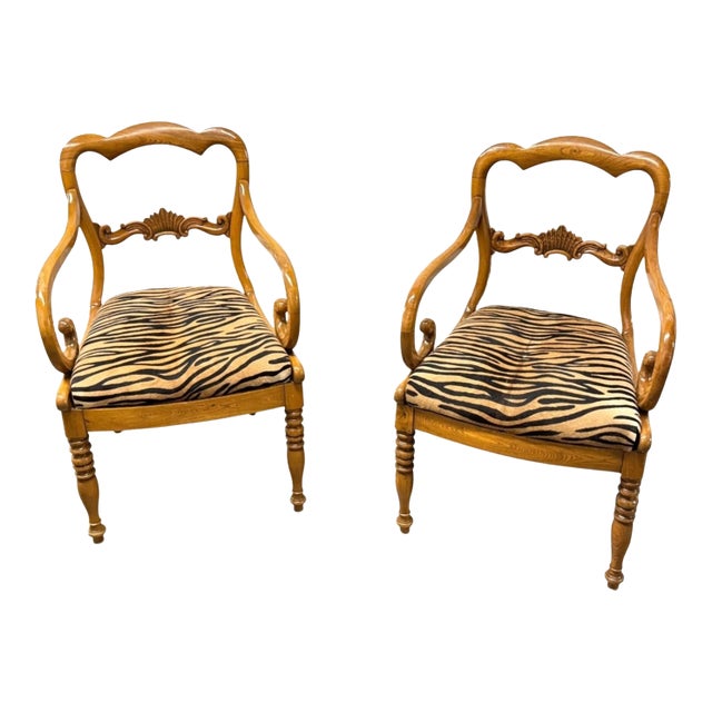 Antique Karl Johan Biedermeier Style Tiger Print Arm Chairs - A Pair For Sale