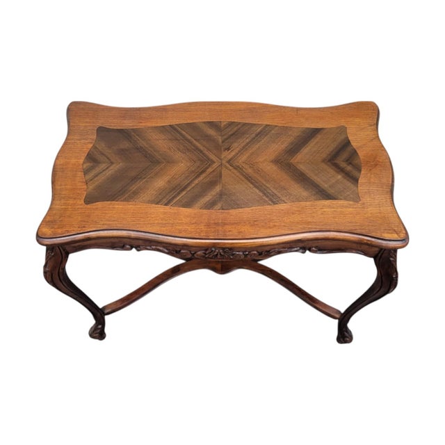 French 1930s French Louis XV Style Walnut Side Table – Carved Cabriole Legs & Inlaid For Sale - Image 3 of 16