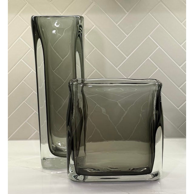 Global Views “Soft Rectangle Vase” Smoke Gray Handblown Polish Art Glass For Sale - Image 11 of 12
