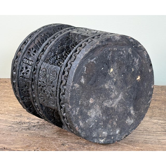 Vintage Tribal Bedouin Carved Wood Coffee Mortar With Brass Rim Mihbaj For Sale - Image 9 of 9