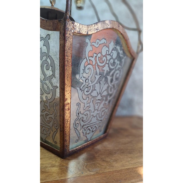 Gold Napoleon III Hanging Lantern in Gilded Wrought Iron and Engraved Glass, 1800s For Sale - Image 8 of 10