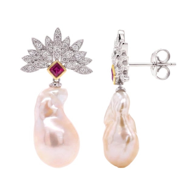 Contemporary Diamond, Ruby and Baroque Pearl Platinum Drop Earrings - Fei Liu, Pair For Sale - Image 3 of 9