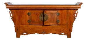 Chinese Elmwood Two-Door Low Kang Cabinet with Everted Flanges and Scrolls