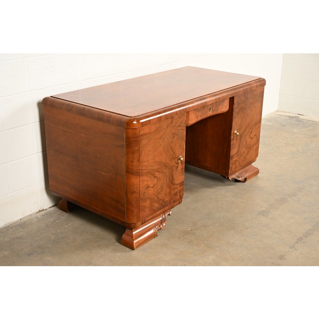 Louis Majorelle Louis Majorelle Style Antique French Art Deco Burled Walnut Executive Desk | Circa 1930s For Sale - Image 4 of 12