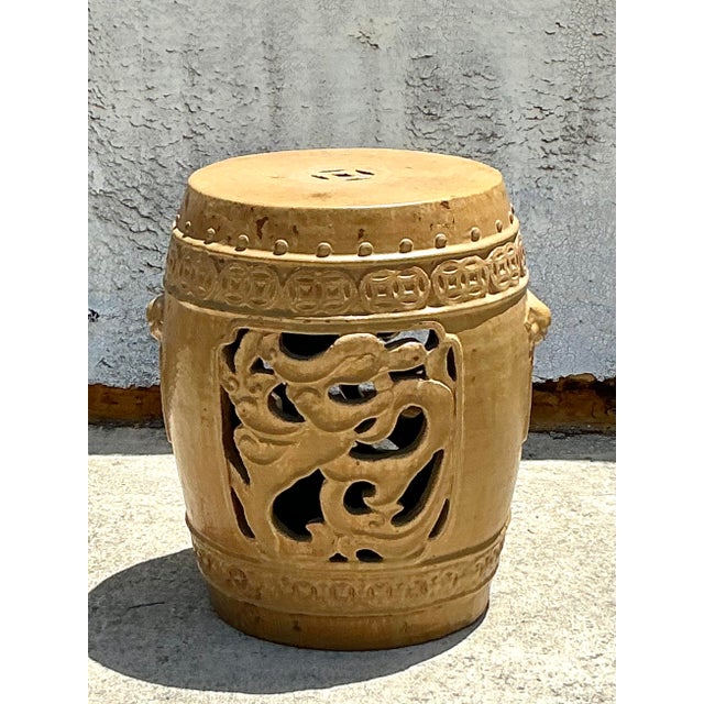 Rustic Vintage Boho Glazed Ceramic Medallion Low Stool For Sale - Image 3 of 6