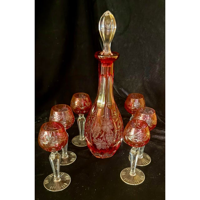 Glass Small Nachtmann Traube Cranberry Brandy Decanter Set - 7 pcs For Sale - Image 7 of 12