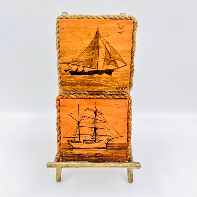 Nautical Vintage Folk Art Pen & Ink Petite Sailboat Art, Signed - Nautical Wood Plaques - Set of 2 For Sale - Image 3 of 18