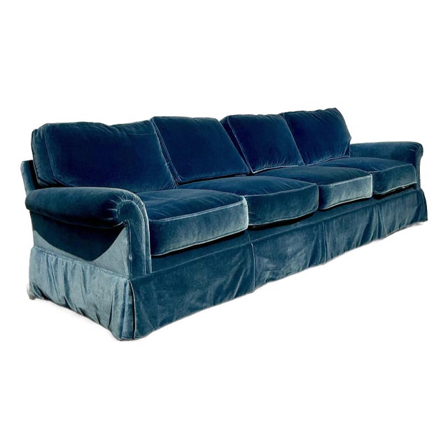 Vintage Regency Cerulean Velvet Down Long Sofa After Ferrell For Sale