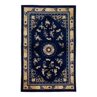1920s Antique Chinese Peking Wool Rug Handmade Blue With Classic Floral Design For Sale