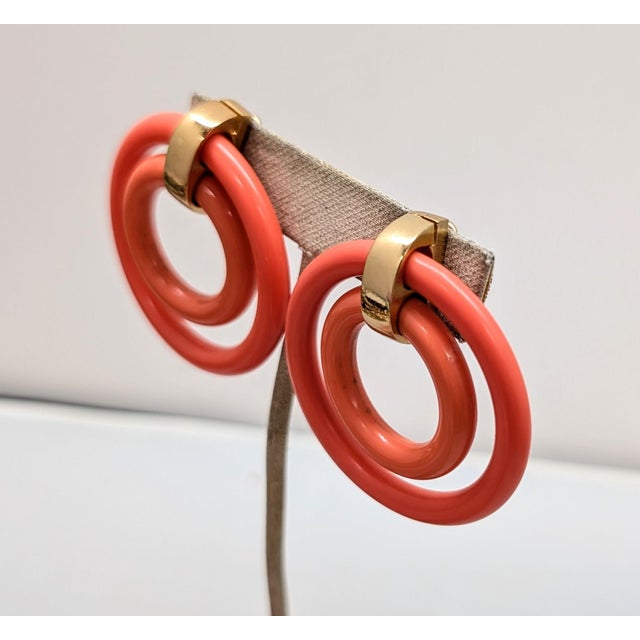 Mid-Century Modern Vintage 1950s Signed Napier Goldtone 2 Pink Hoop Clip Earrings-2 Pieces For Sale - Image 3 of 7