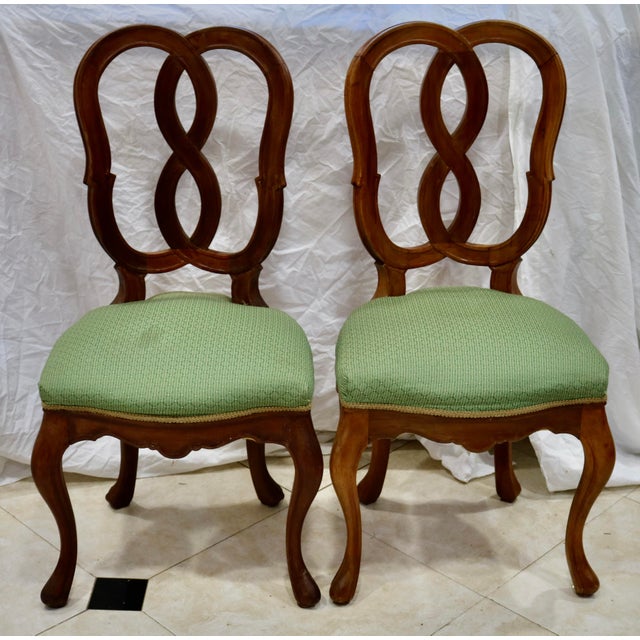 Antique Early 20th Century French Louis XV Walnut Dining Chairs With Green Fabric Seats - Set of 6. They are in very good...