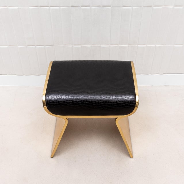 Black Leather Upholstered Stool With Polished Brass Legs by Kifu Paris For Sale - Image 8 of 8