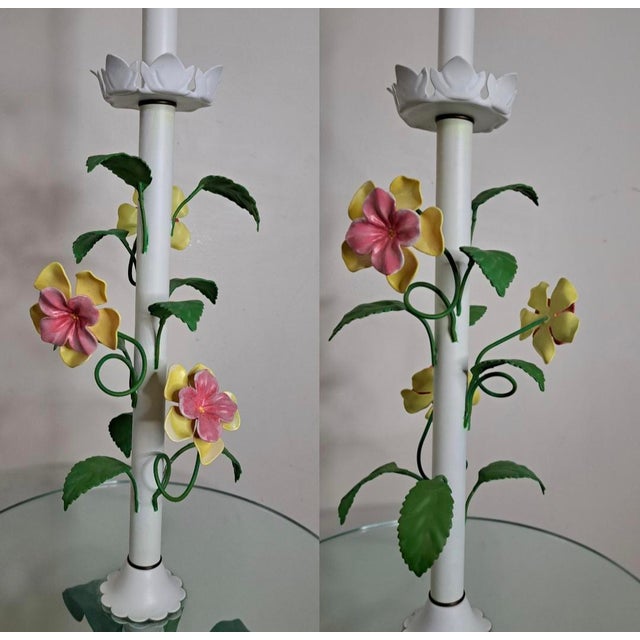 Vintage Hand-Painted Floral Tole Floor Lamp With Glass Table, Hollywood Regency For Sale In West Palm - Image 6 of 15