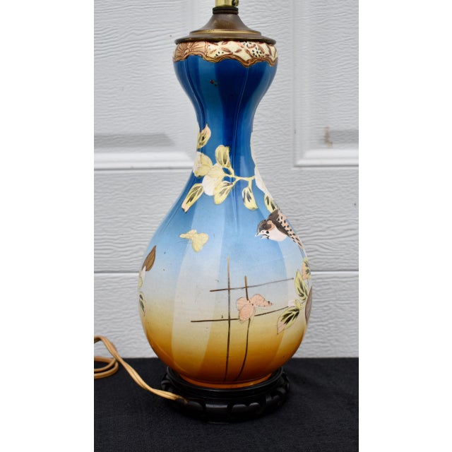 Antique Japanese Satsuma Vase Lamp Meiji Painted Porcelain Gold Bird Flower For Sale - Image 13 of 17