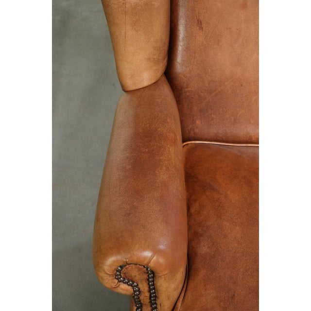 English Sheepskin Wing Armchair in Light Cognac Color For Sale - Image 7 of 13