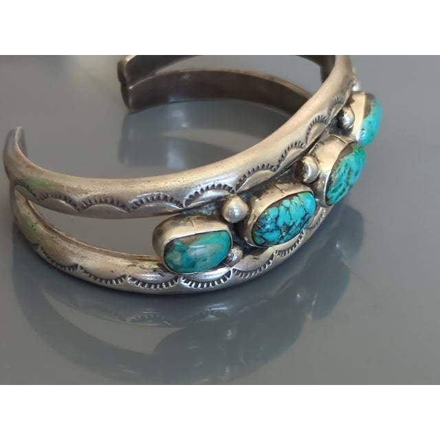Tribal Vintage Turquoise Cuff Bracelet, Silver Bands Have Eyelit Pattern For Sale - Image 3 of 3