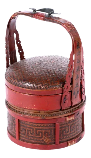 Antique Hand-Made Red Lacquer Chinese Covered Wedding Basket