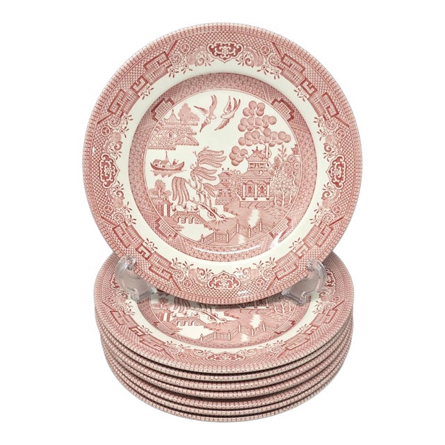 Vintage Mid-Century Modern Churchill Willow Rosa Pink English Cottage 8" Salad Plates-Set of 7 For Sale