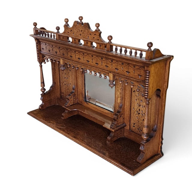Wood Antique Victorian Revival Quartered Oak Stick & Ball Hanging Shelf, 1890 For Sale - Image 7 of 11