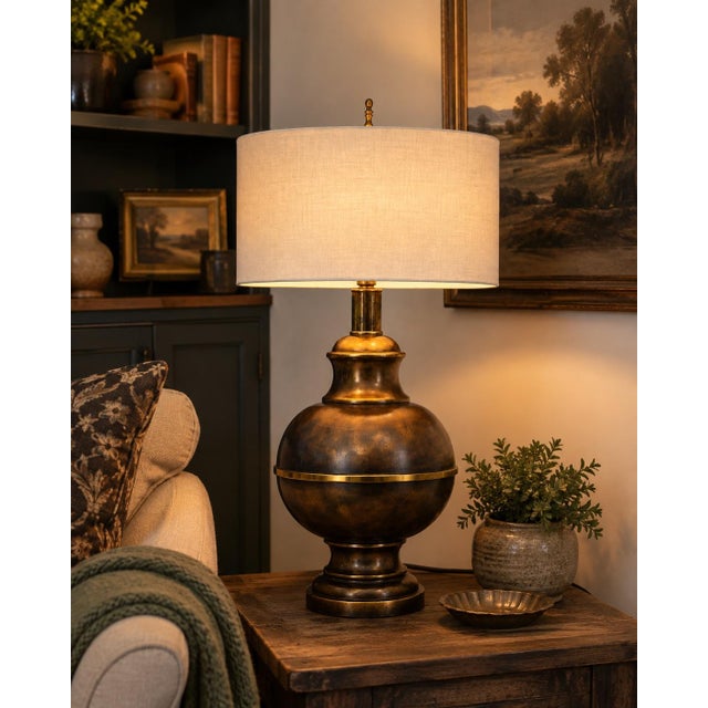 Grand Vintage Brass & Bronze Urn Table Lamp with White Linen Drum Shade Commanding in scale and beautifully architectural,...