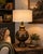 Grand Vintage Brass & Bronze Urn Table Lamp with White Linen Drum Shade Commanding in scale and beautifully architectural,...