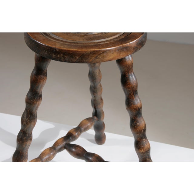 Brown High Wooden Tripod Stool, France, 1950s For Sale - Image 8 of 8