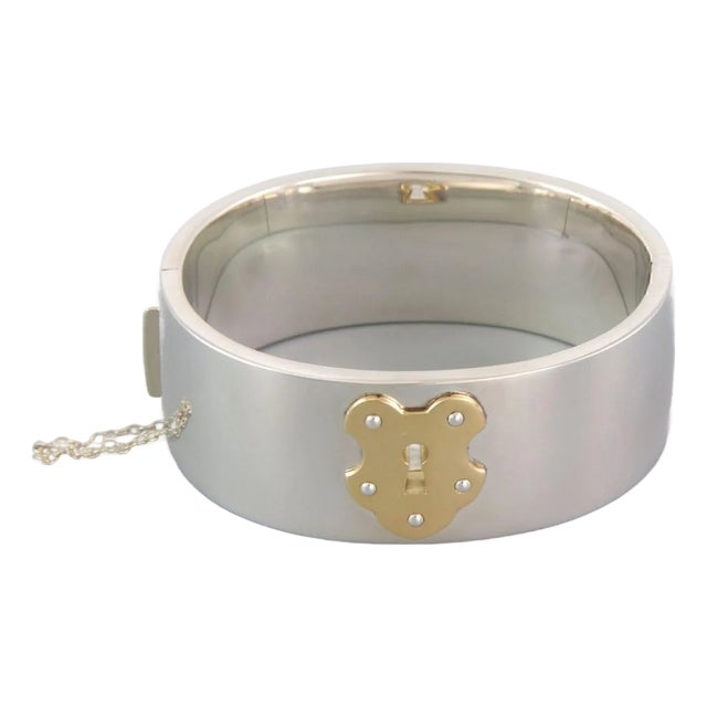 Mid 20th Century Tiffany & Co Sterling & 18k Gold Wide Key Lock Bangle Bracelet For Sale