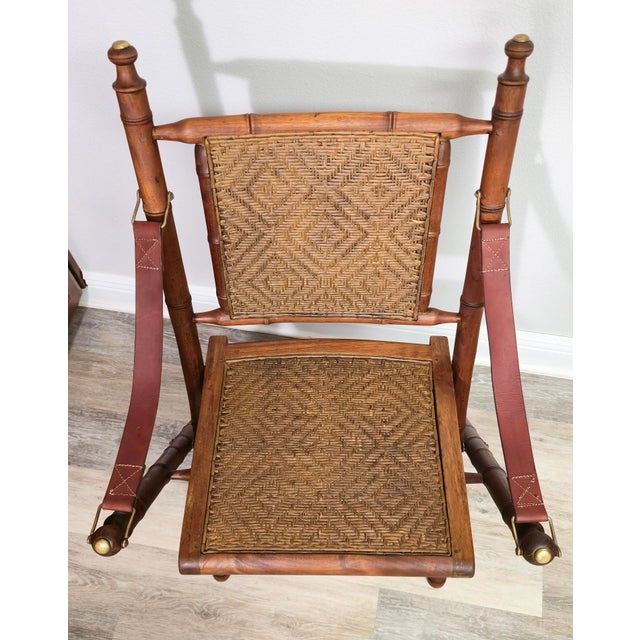Early 20th Century Early 20th Century Pair of British Colonial Campaign Folding Chairs · Faux Bamboo · Original Herringbone Wicker · Brass/Bronze Hardware For Sale - Image 5 of 8