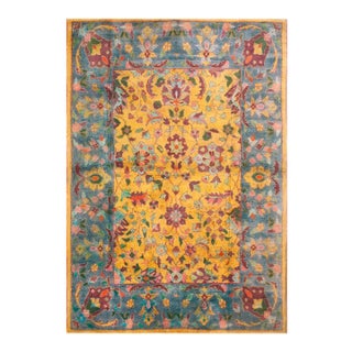 1930s Yellow Floral Modern Antique Indian Cotton Agra Rug 6'3" X 9' Knotted Pile Carpet For Sale