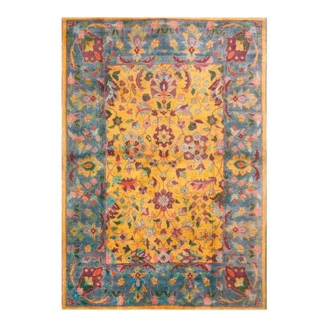 1930s Yellow Floral Modern Antique Indian Cotton Agra Rug 6'3" X 9' Knotted Pile Carpet For Sale