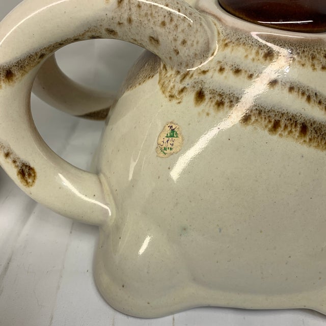 Vintage C. 1970s Handmade Stoneware Elephant Tea Set With Sugar Bowl, Brown and Cream Glaze - Set of 8 For Sale - Image 10 of 10