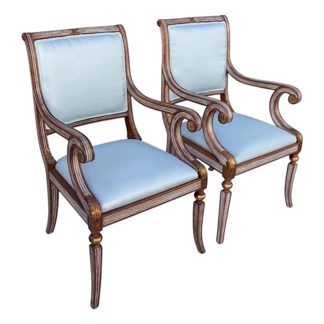 Neo-Classical Style Italian Carved Fruitwood and Painted Bergere Chairs - Pair For Sale