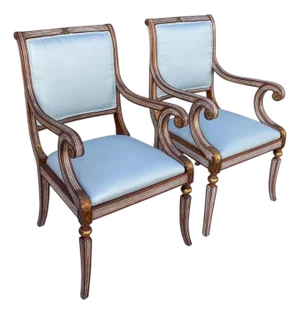 Neo-Classical Style Italian Carved Fruitwood and Painted Bergere Chairs - Pair