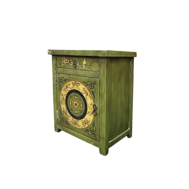 Distressed Sage Green Floral Graphic End Table Nightstand For Sale - Image 4 of 7