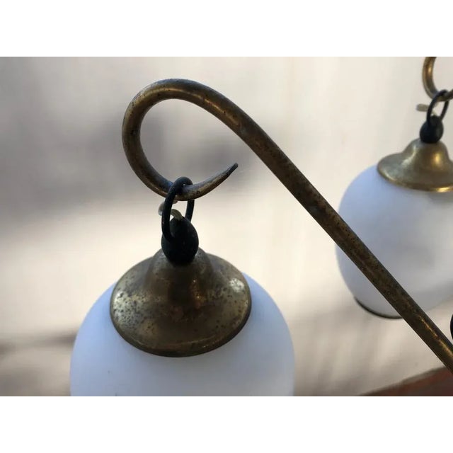 Pendant Light in Brass, Aluminum and Opaline Glass in the style of Stilnovo, Italy, 1950s For Sale - Image 9 of 10