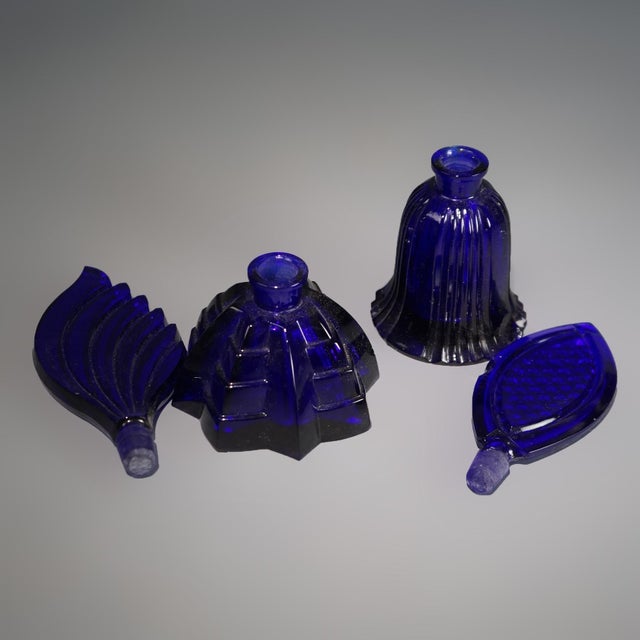 Early 20th Century Pair of Aurel Art Deco Cobalt Blue Glass Perfume Bottles With Stoppers, Circa 1930 For Sale - Image 5 of 7